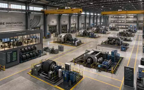 Michelin FR0000120321 Forschung zeigt moderne Reifen-PrĂŒfhalle mit gelben HallenkrĂ€nen und zahlreichen PrĂŒfstandsreihen - Foto: THN