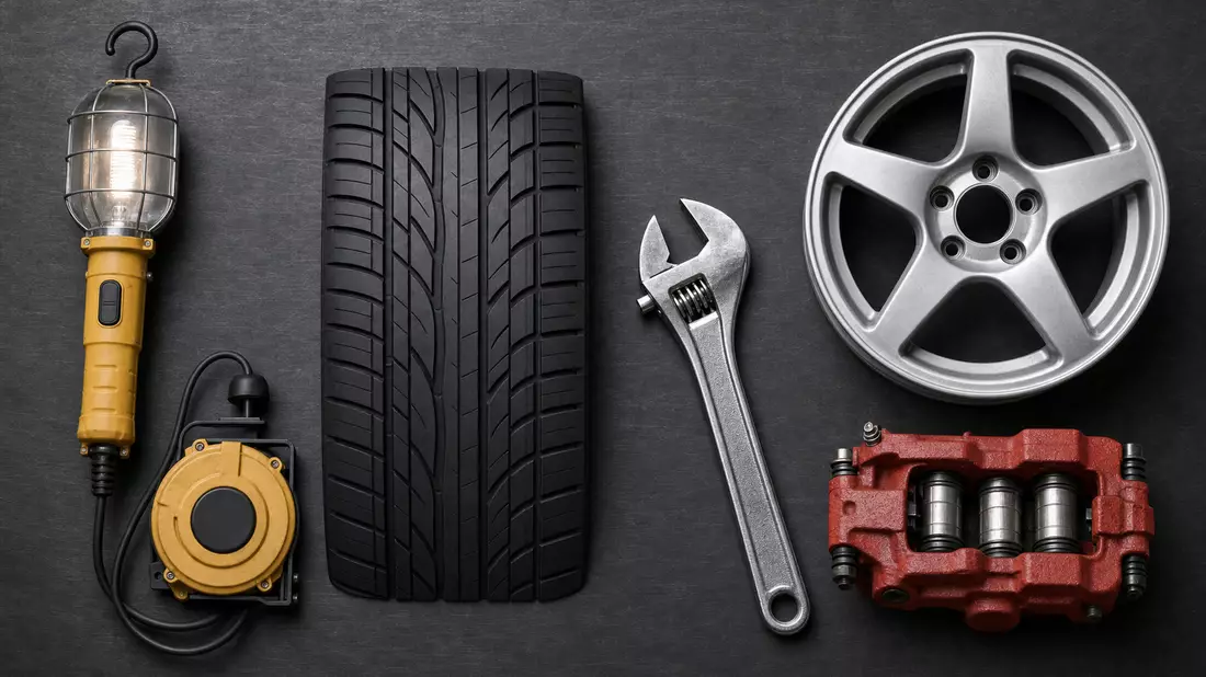 Top-down flatlay of tire tread template, wrench, alloy rim, brake caliper and workshop lamp