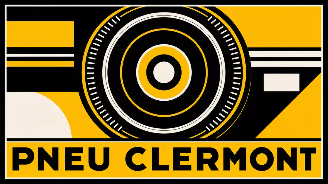 Bauhaus style poster with abstract concentric tire rings in black yellow white and PNEU CLERMONT text