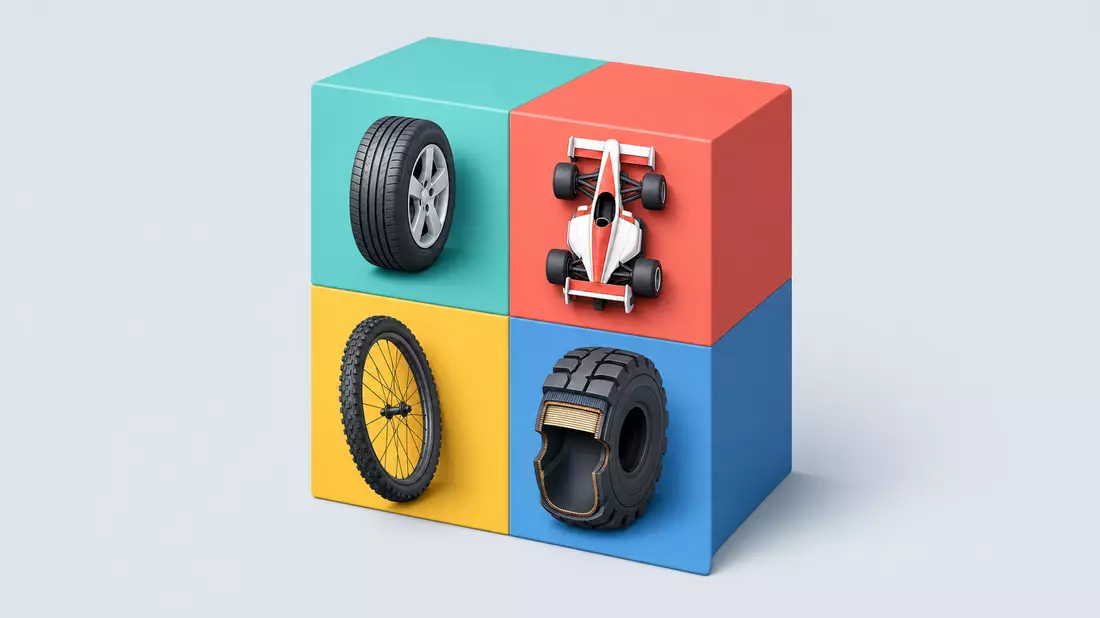 Isometric 3D cube with four faces showing car tire, racing car, bicycle tire and truck tire