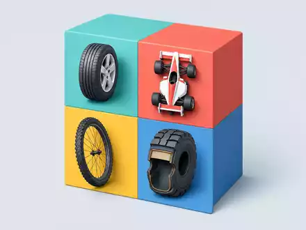 Michelin FR0000120321 Produktpalette zeigt isometrischen 3D-Würfel mit Pkw-, Rennwagen-, Fahrrad- und Lkw-Reifen - Foto: THN