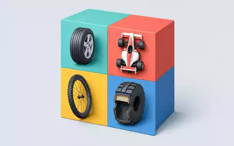 Michelin FR0000120321 Produktpalette zeigt isometrischen 3D-Würfel mit Pkw-, Rennwagen-, Fahrrad- und Lkw-Reifen - Foto: THN