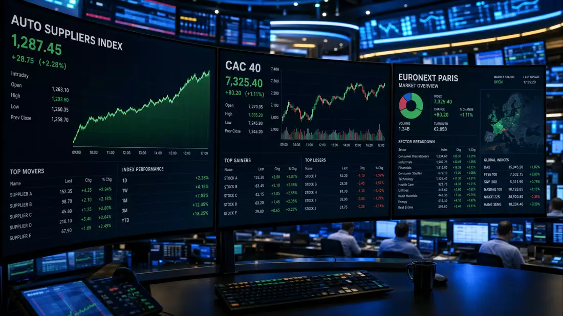 Trading room editorial with screens showing CAC 40 ticker and auto suppliers index financial data