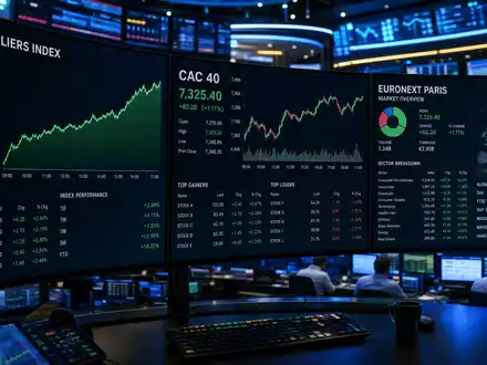 Michelin FR0000120321 Kapitalmarkt zeigt Handelssaal mit mehreren Monitoren CAC 40 Ticker und Euronext Kursindex - Foto: THN