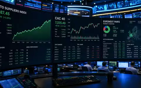 Michelin FR0000120321 Kapitalmarkt zeigt Handelssaal mit mehreren Monitoren CAC 40 Ticker und Euronext Kursindex - Foto: THN