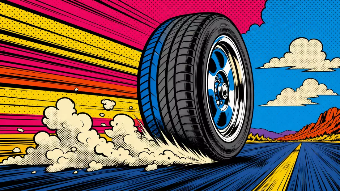Pop art comic style illustration of rolling car tire with speed lines and bold vivid colors