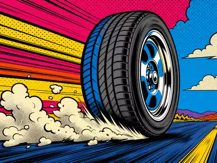 Michelin FR0000120321 Dynamik zeigt rollenden Reifen im Pop-Art-Comic-Stil mit Speedlinien und knalligen Farben - Foto: THN