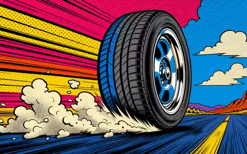 Michelin FR0000120321 Dynamik zeigt rollenden Reifen im Pop-Art-Comic-Stil mit Speedlinien und knalligen Farben - Foto: THN