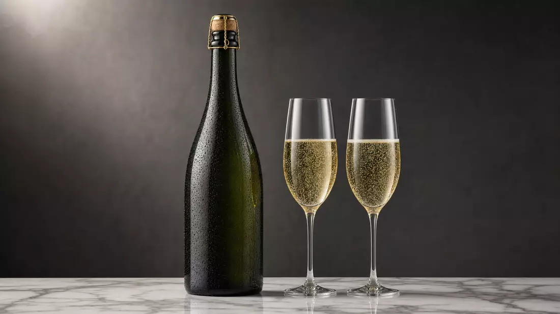 Dark green unlabeled champagne bottle with two crystal flutes on white marble