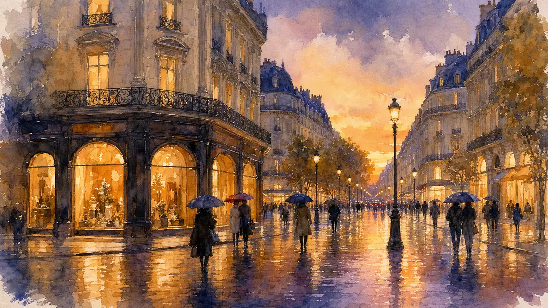 Watercolor illustration of Parisian boulevard with glowing luxury boutique windows at dusk