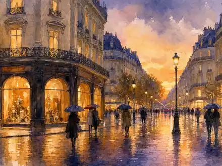 LVMH FR0000121014 Aquarell eines Pariser Boulevards mit goldenen Boutiquen und Spiegelungen im Abendregen - Foto: THN