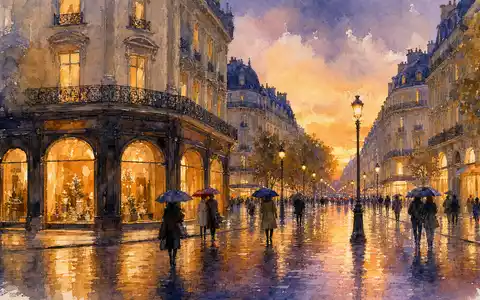 LVMH FR0000121014 Aquarell eines Pariser Boulevards mit goldenen Boutiquen und Spiegelungen im Abendregen - Foto: THN