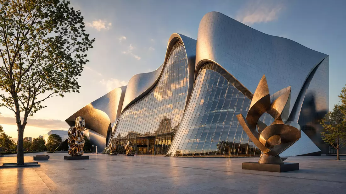 Architectural CGI render of a sweeping curved glass and titanium luxury art foundation building