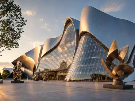 LVMH FR0000121014 architektonisches Render eines modernen Glasmuseums mit geschwungener Fassade und abstrakten Skulpturen - Foto: THN