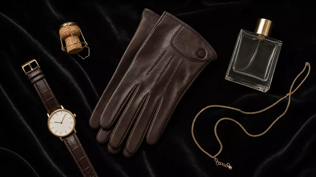 Top-down flatlay of champagne cork, leather gloves, dress watch, perfume bottle and gold chain on black velvet
