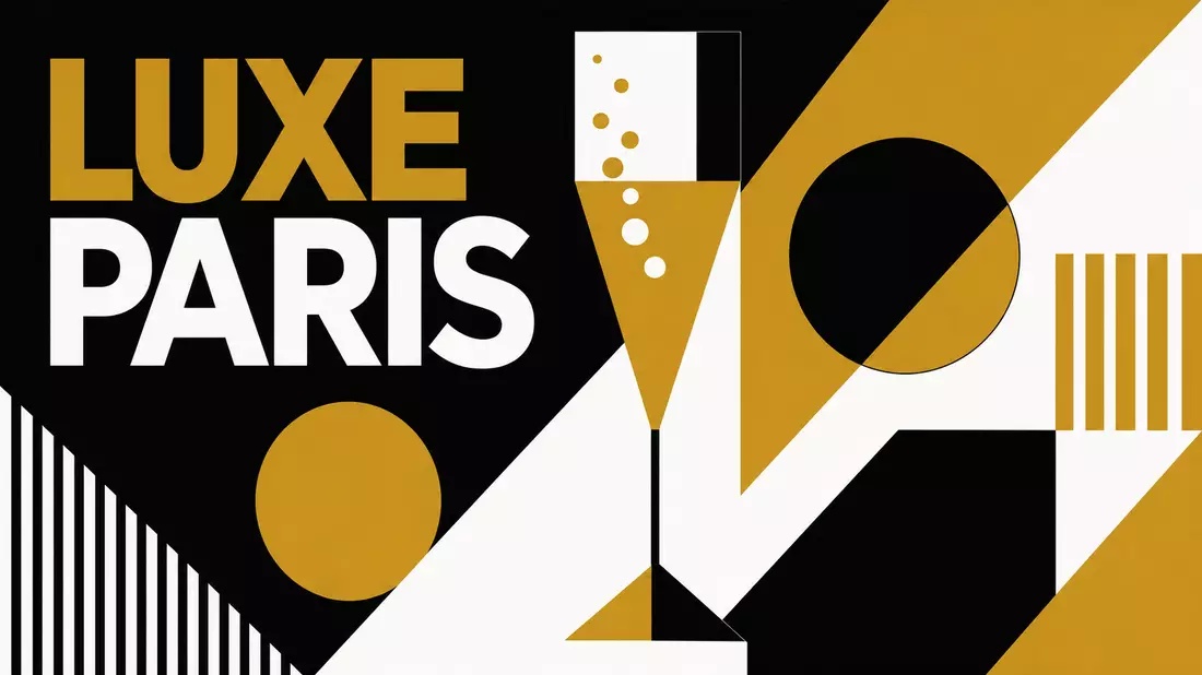 Bauhaus graphic design poster with geometric champagne flute in gold black white palette LUXE PARIS text