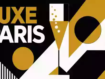 LVMH FR0000121014 Bauhaus Poster mit geometrischer Champagnerflöte in Gold Schwarz Weiß und Text LUXE PARIS - Foto: THN