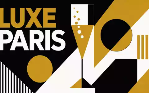 LVMH FR0000121014 Bauhaus Poster mit geometrischer Champagnerflöte in Gold Schwarz Weiß und Text LUXE PARIS - Foto: THN