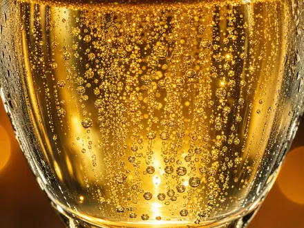 LVMH FR0000121014 Makrofoto goldener Champagnerblasen im Kristallglas mit Bokeh Lichtreflexen und Kondensation - Foto: THN