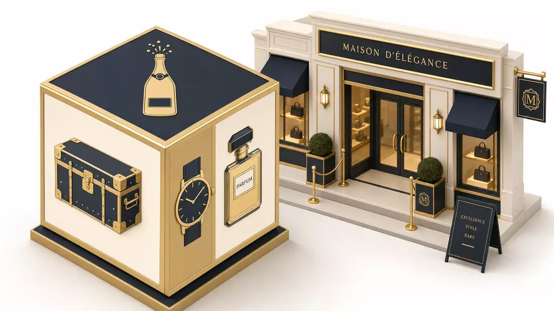 Isometric 3D render of decorative cube showing luxury goods alongside miniature boutique facade