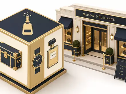 LVMH FR0000121014 isometrischer 3D Würfel mit Champagnerflasche Lederkoffer Uhr Parfum und Boutique Fassade - Foto: THN