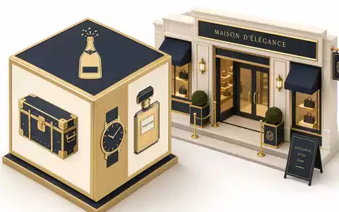 LVMH FR0000121014 isometrischer 3D Würfel mit Champagnerflasche Lederkoffer Uhr Parfum und Boutique Fassade - Foto: THN