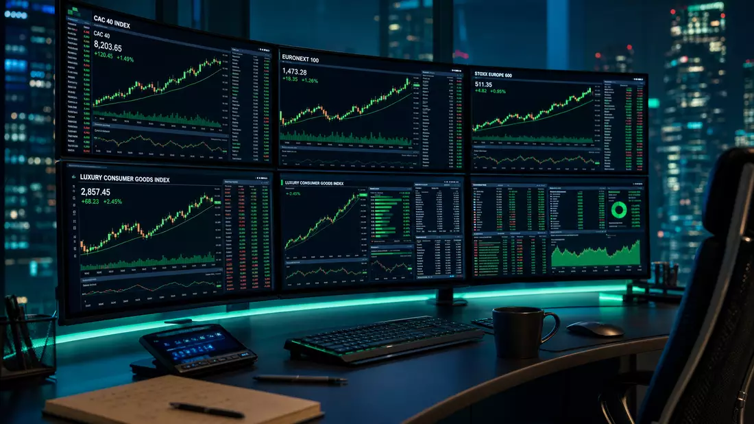 Professional trading terminal with multiple screens showing CAC 40 and luxury sector index charts