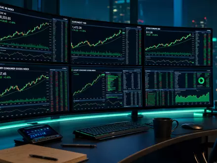 LVMH FR0000121014 Börsen Editorial mit CAC 40 und Euronext Kurven auf Trading Monitoren bei Nacht - Foto: THN