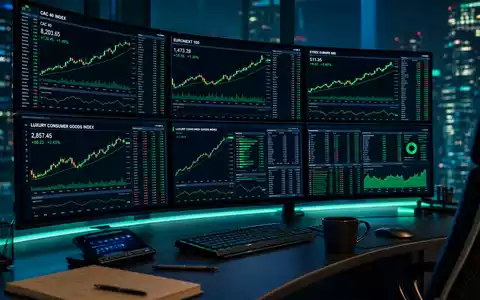 LVMH FR0000121014 Börsen Editorial mit CAC 40 und Euronext Kurven auf Trading Monitoren bei Nacht - Foto: THN