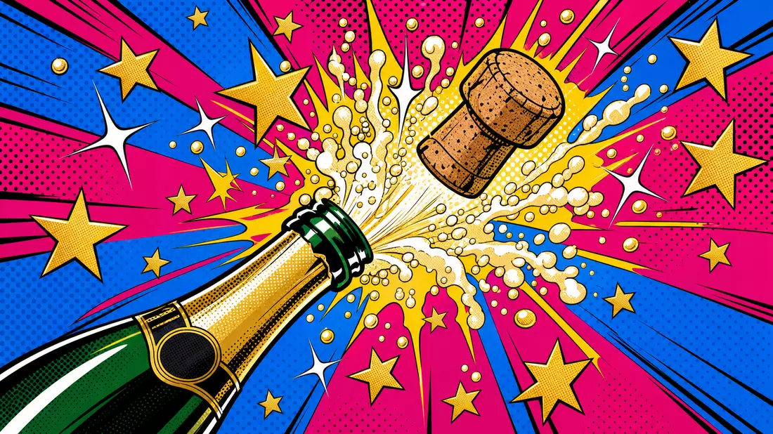 Pop art comic illustration of champagne cork explosion with gold stars and halftone dots in vivid colors