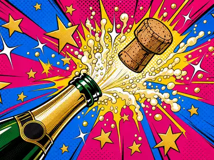 LVMH FR0000121014 Pop Art Comic mit explodierendem Champagnerkorken goldenen Sternen und Halftone Farben - Foto: THN