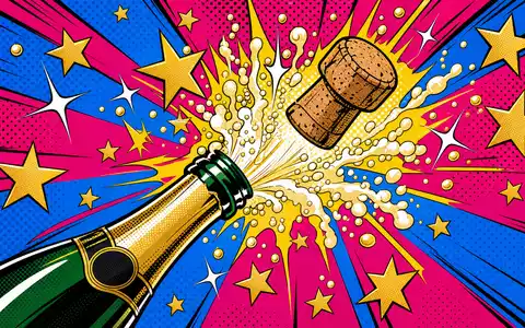 LVMH FR0000121014 Pop Art Comic mit explodierendem Champagnerkorken goldenen Sternen und Halftone Farben - Foto: THN
