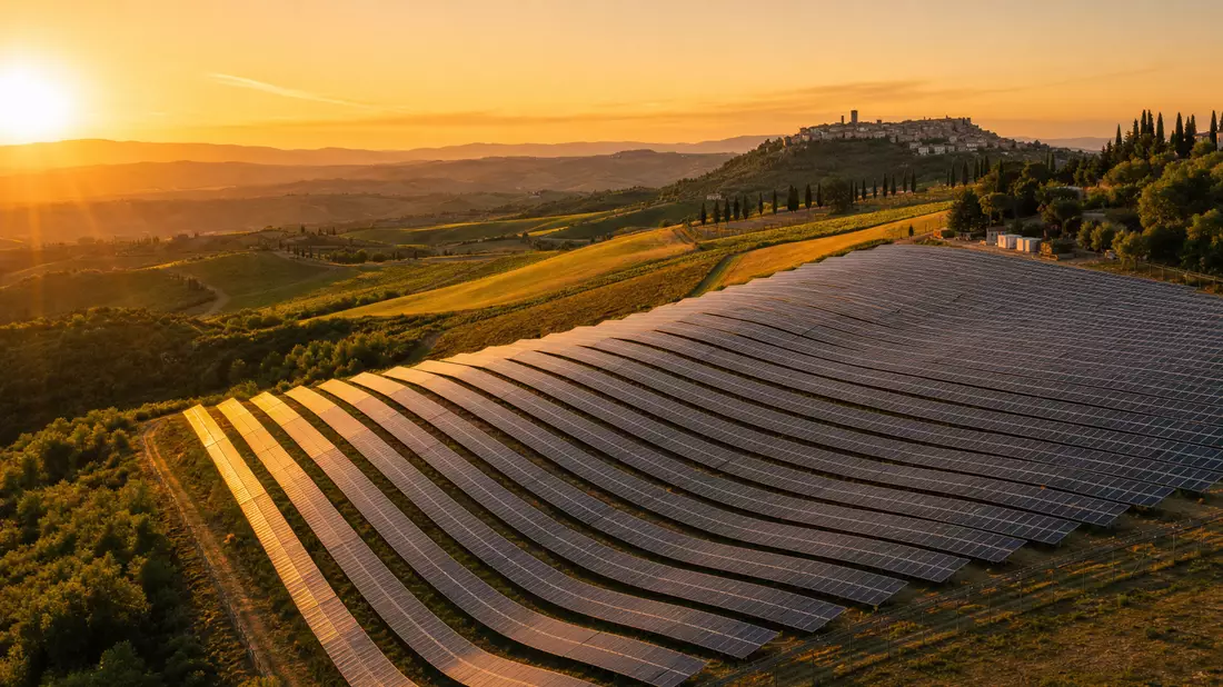 Aerial view of a large photovoltaic solar park on rolling Tuscan hills at golden hour sunset