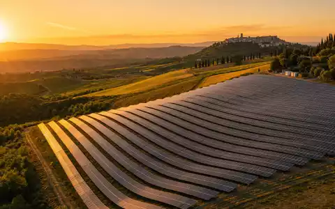 Enel IT0003132476 Toskana Solarpark goldene Stunde Photovoltaik Hügel Zypressen Dorf Sonnenuntergang Panorama. - Foto: THN