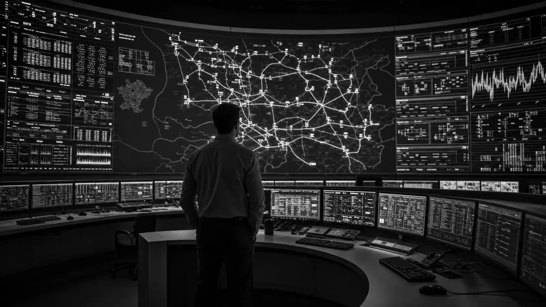 Black and white reportage photo of an engineer standing before a large LED smart grid control wall.