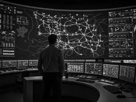 Enel IT0003132476 Techniker vor LED Wand Smart Grid Steuerzentrale schwarz weiĂ Reportage Kontrollraum - Foto: THN