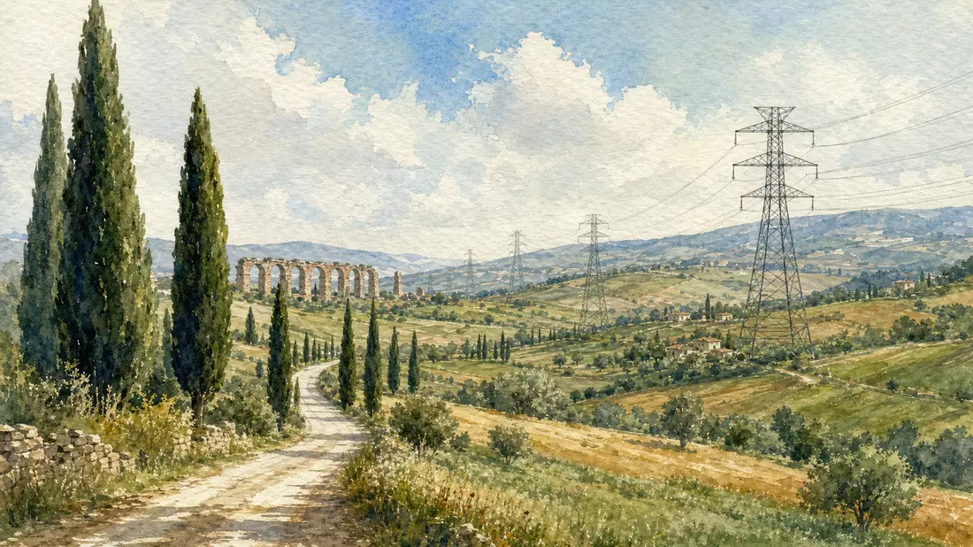 Watercolor painting of rolling Roman hills with cypress trees and electricity transmission towers
