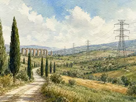 Enel IT0003132476 Aquarell Landschaft bei Rom Hochspannungsmasten Hügel Zypressen Aquädukt Pastell Pinselstriche. - Foto: THN