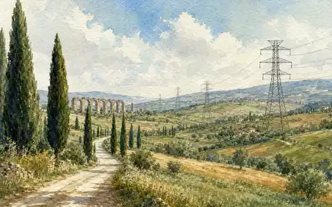 Enel IT0003132476 Aquarell Landschaft bei Rom Hochspannungsmasten Hügel Zypressen Aquädukt Pastell Pinselstriche. - Foto: THN