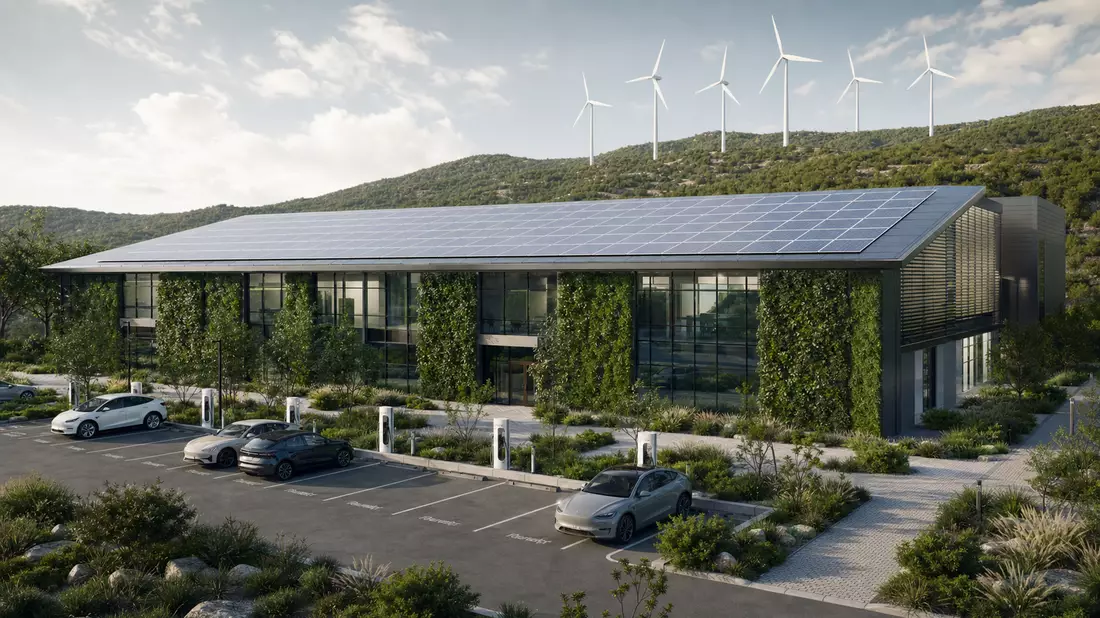 Architectural 3D render of a sustainable energy operations center with solar roof and EV charging stations