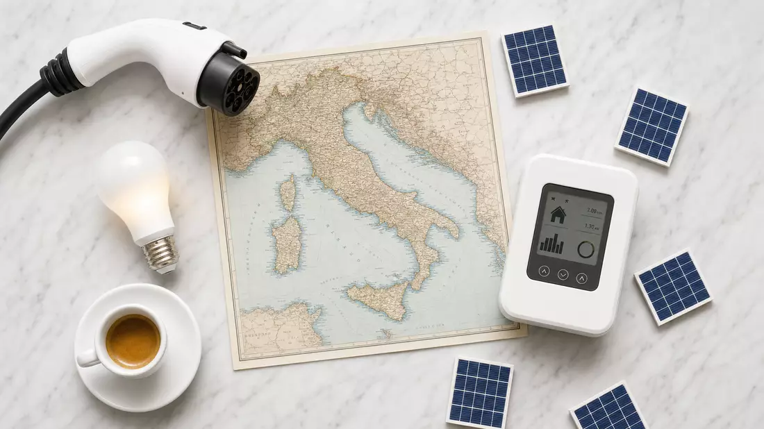 Overhead flat lay of Italy map, EV charging connector, light bulb, smart meter, and espresso cup.