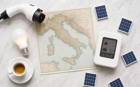 Enel IT0003132476 Flatlay Karte Ladestecker Glühbirne Smart Meter Espresso Solarmodule weißer Marmor Studio. - Foto: THN