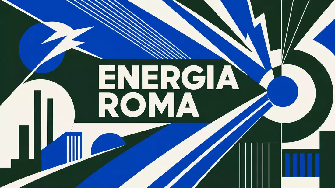 Bauhaus-style graphic poster with abstract geometric electricity sparks in green and blue, text ENERGIA ROMA