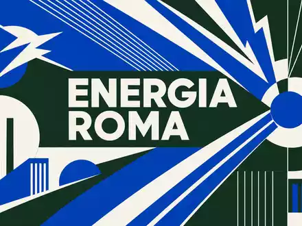 Enel IT0003132476 Bauhaus-Poster abstrakte Stromfunken Geometrie Grün Blau Weiß Text ENERGIA ROMA - Foto: THN