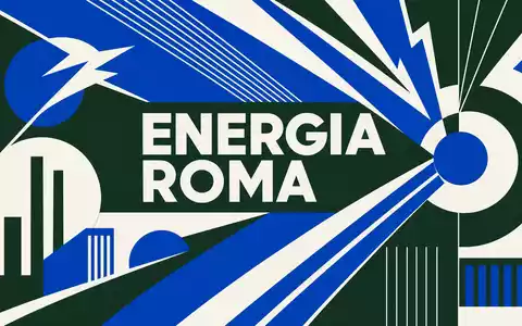 Enel IT0003132476 Bauhaus-Poster abstrakte Stromfunken Geometrie Grün Blau Weiß Text ENERGIA ROMA - Foto: THN