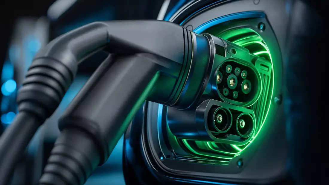 Extreme macro close-up of an electric vehicle CCS charging connector glowing green in the charge port