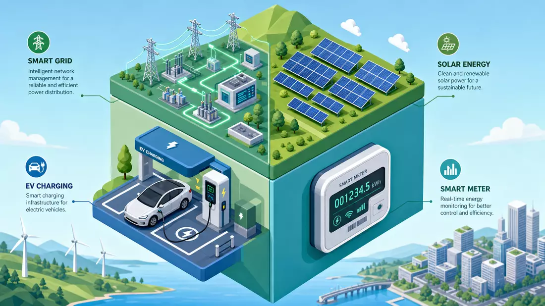 Isometric 3D cube illustration with four smart energy quadrants: grid, solar park, EV charging, smart meter