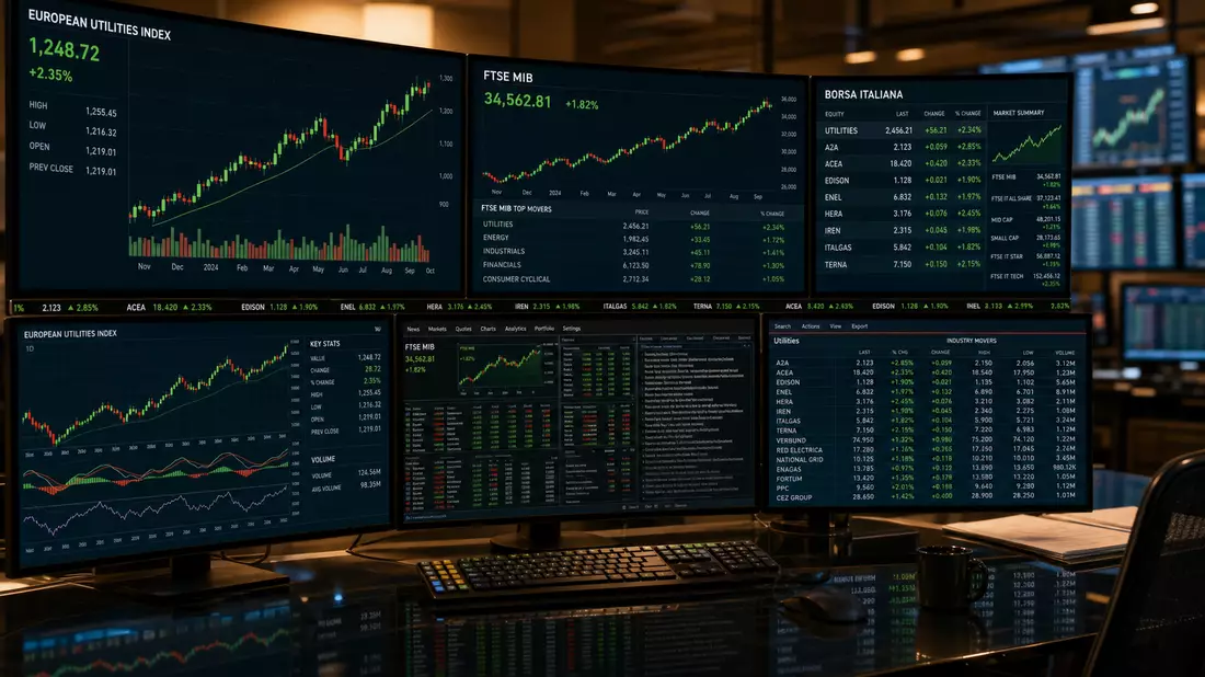 Multiple trading monitors displaying European Utilities Index and FTSE MIB stock market data charts