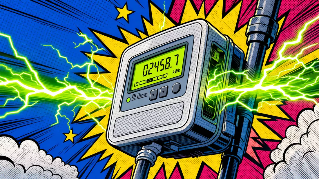 Pop art comic illustration of a vivid green electric lightning bolt surging through a digital smart energy meter