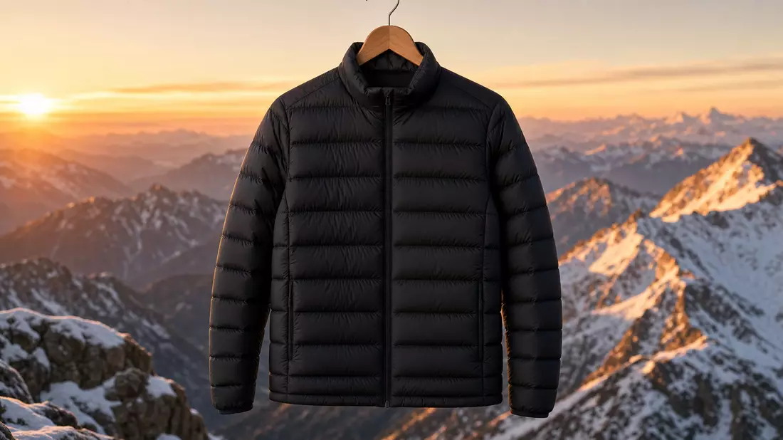 Black quilted down jacket on wooden hanger with snowy mountain sunrise backdrop